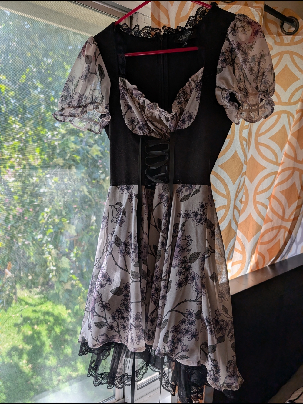 Floral Lace-Trim Mini Dress in Black and Ivory